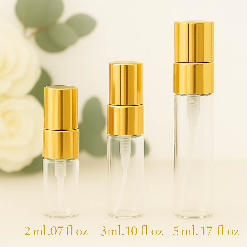 2 ml, 3 ml, and 5 ml clear glass atomizer perfume bottles with gold caps on a light background