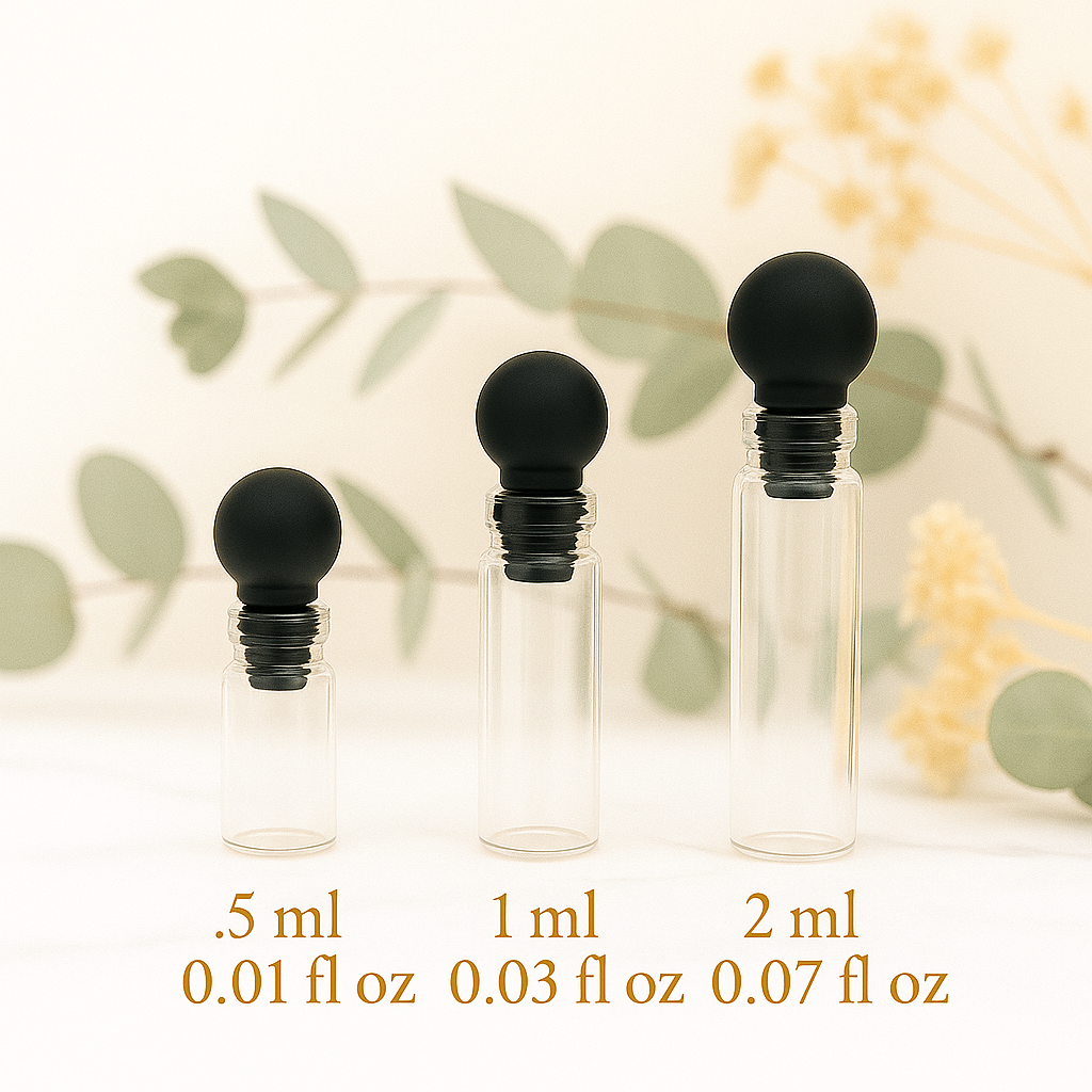 .5 ml, 1 ml, and 2 ml clear glass dabber perfume bottles with black round caps on a light background with greenery.