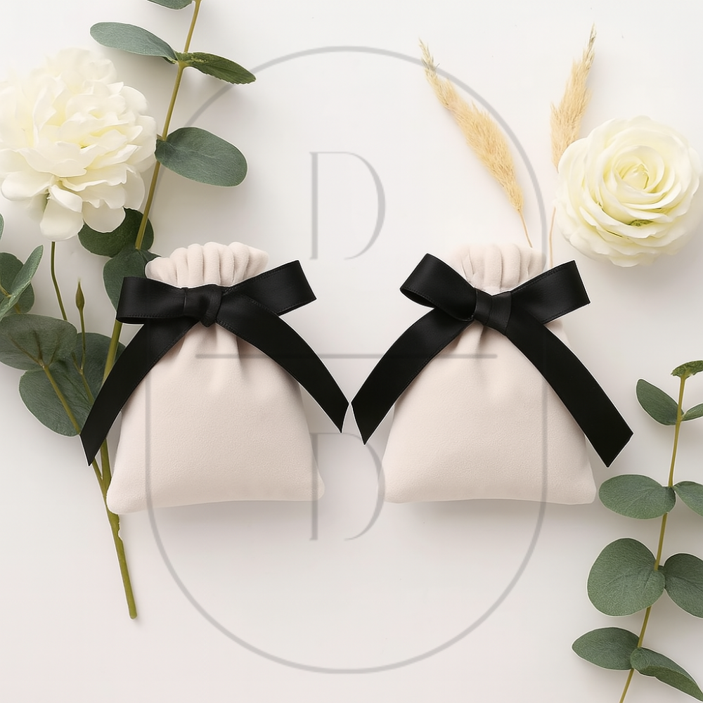 An image of 2 small velvet flannel gift bags with black ribbons on a light background with dried florals and greenery.