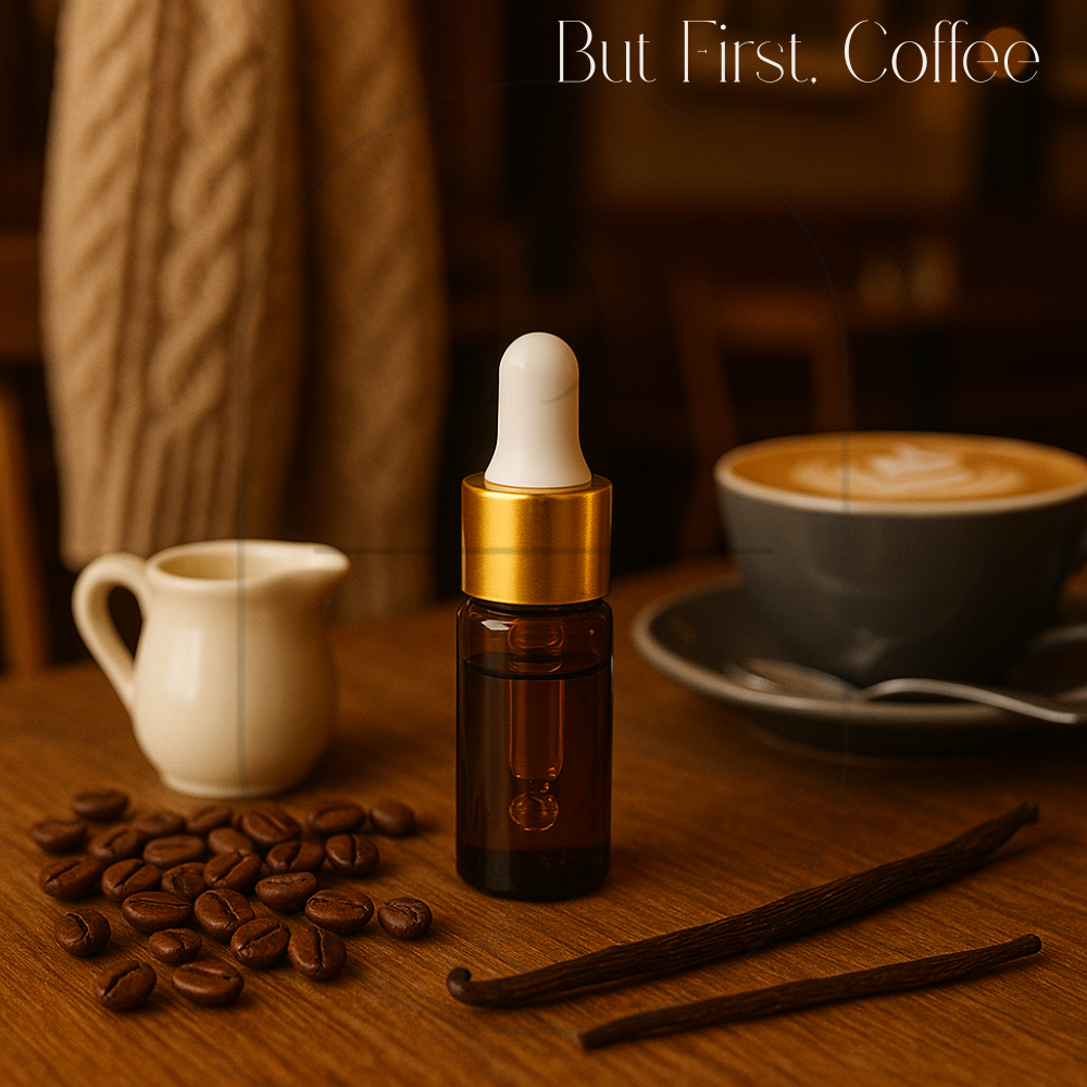 3 ml amber dropper bottle with gold cap showcasing But First, Coffee fragrance oil.