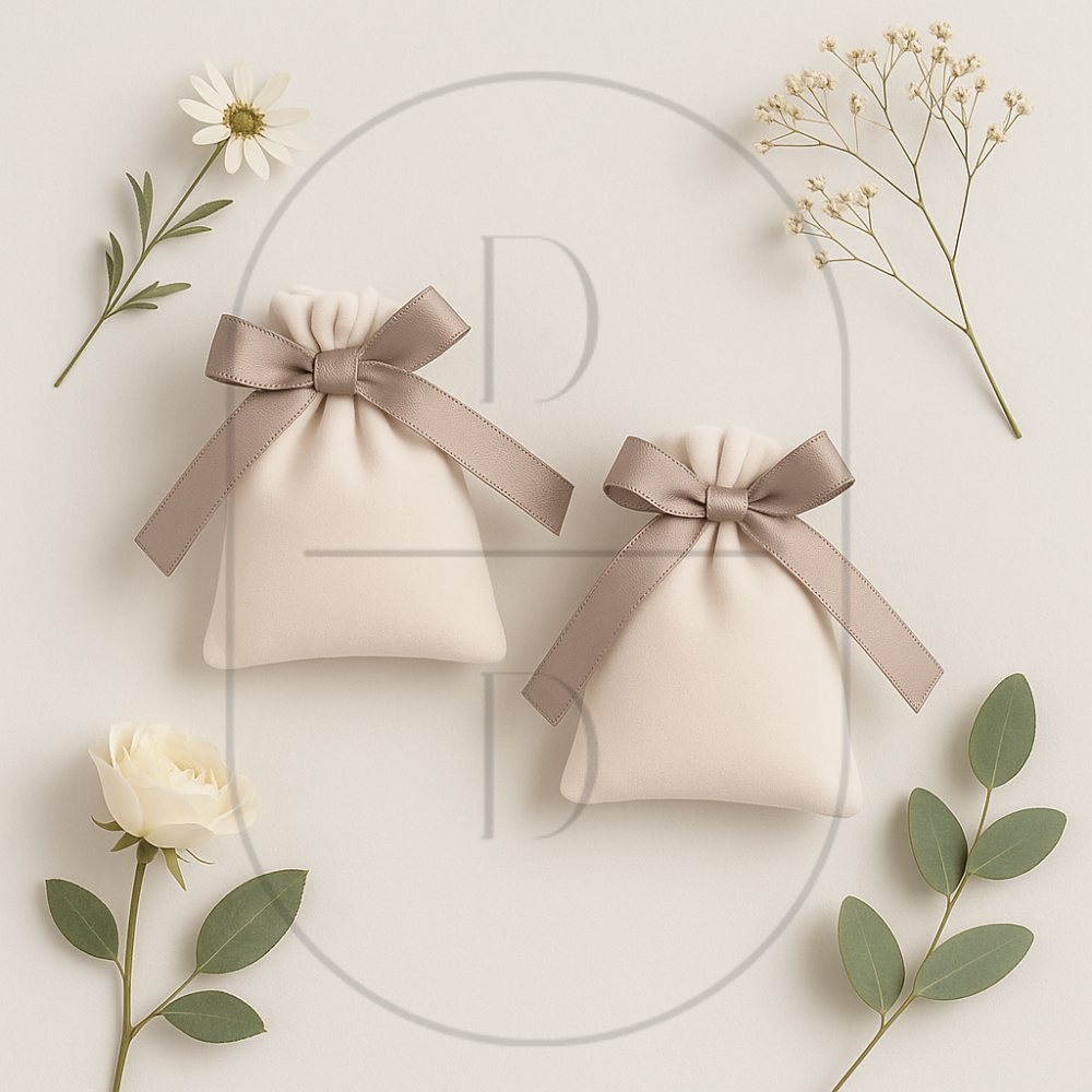 An image of 2 small velvet flannel gift bags with champagne ribbons on a light background with dried florals and greenery.