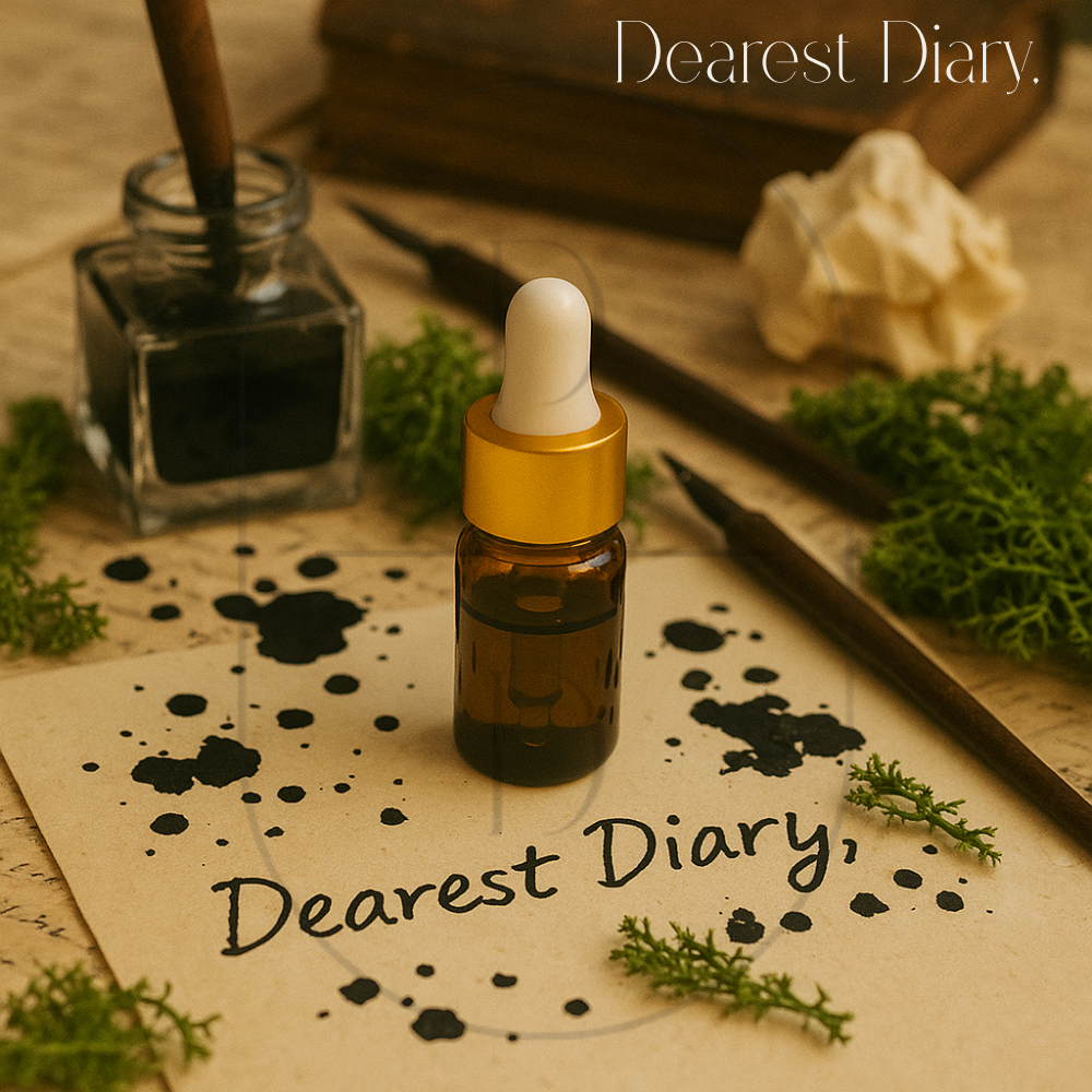 3 ml amber dropper bottle with gold cap showcasing Dearest Diary fragrance oil.