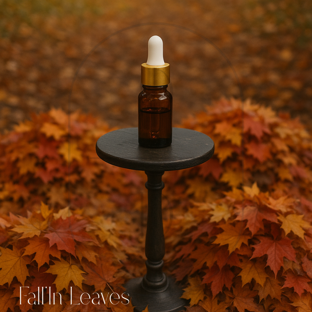 3 ml amber dropper bottle with gold cap showcasing Fall'In Leaves fragrance oil.
