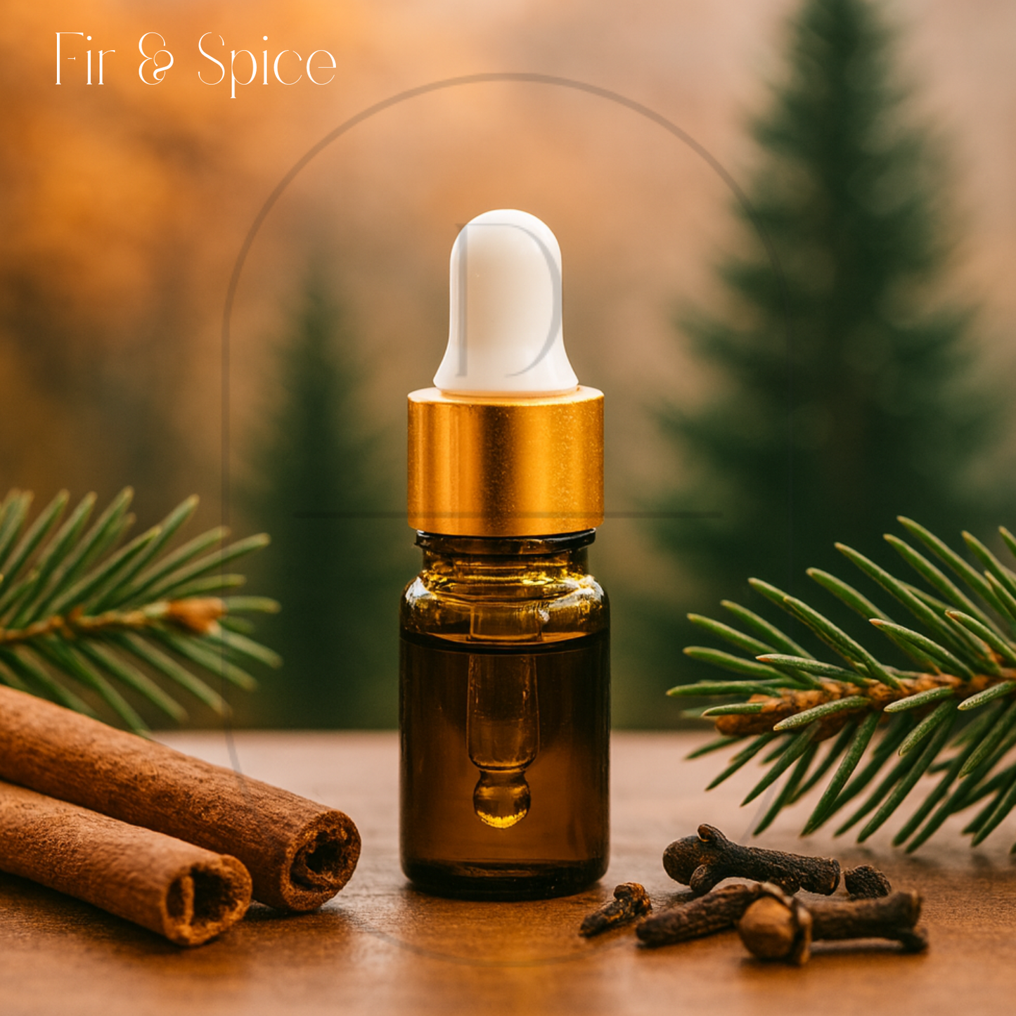 3 ml amber dropper bottle with gold cap showcasing Fir & Spice fragrance oil.