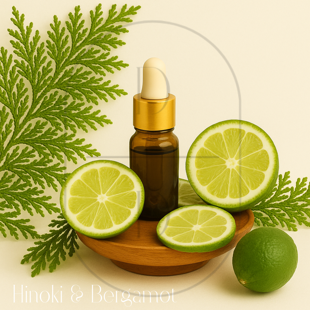 Hinoki & Bergamot fragrance oil. 3 ml amber dropper bottle with gold cap surrounded by the notes of the fragrance oil.