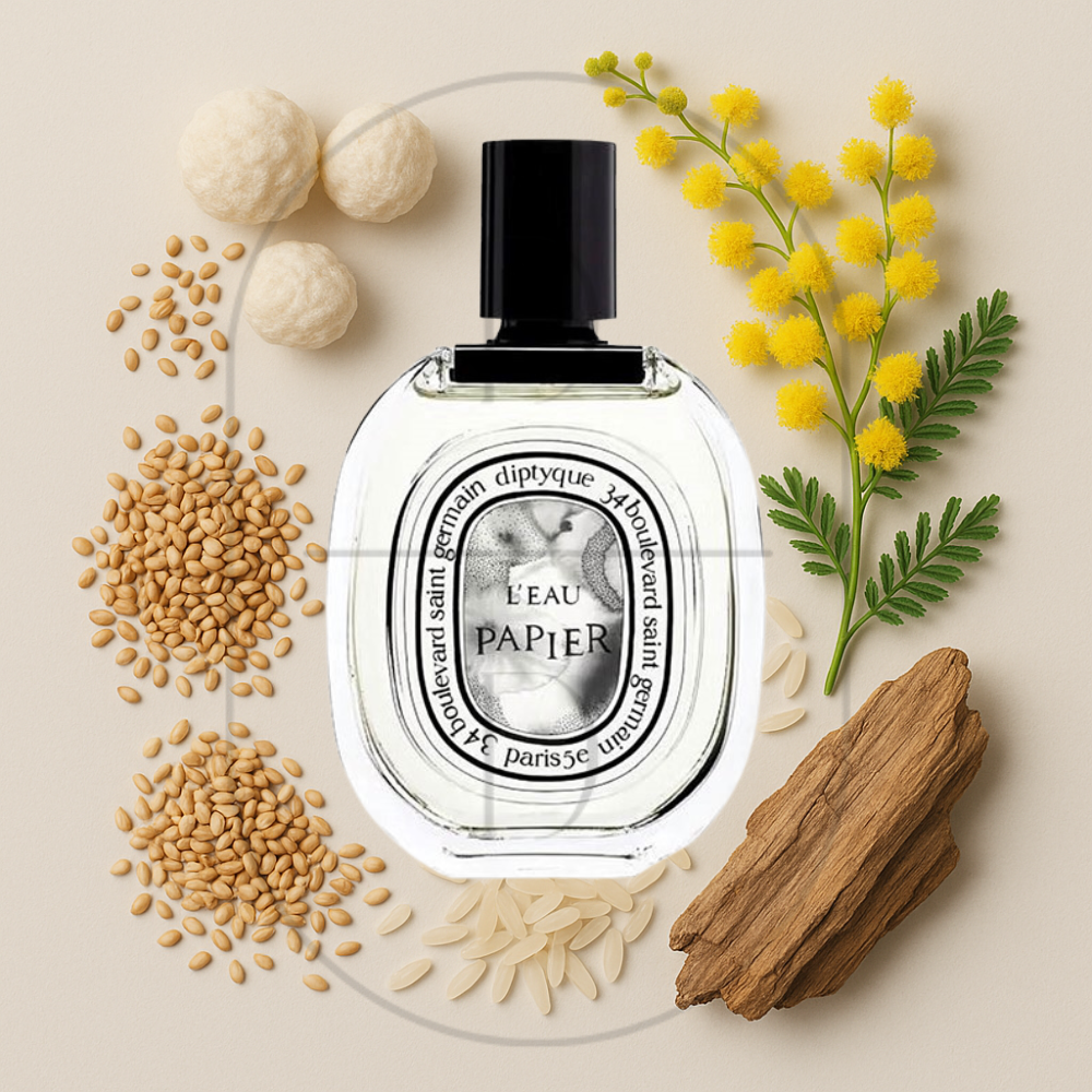 Diptyque L'Eau Papier perfume bottle surrounded by top, middle, and bottom fragrance notes on a light background. Affordable samples delivered from Greenville, SC.