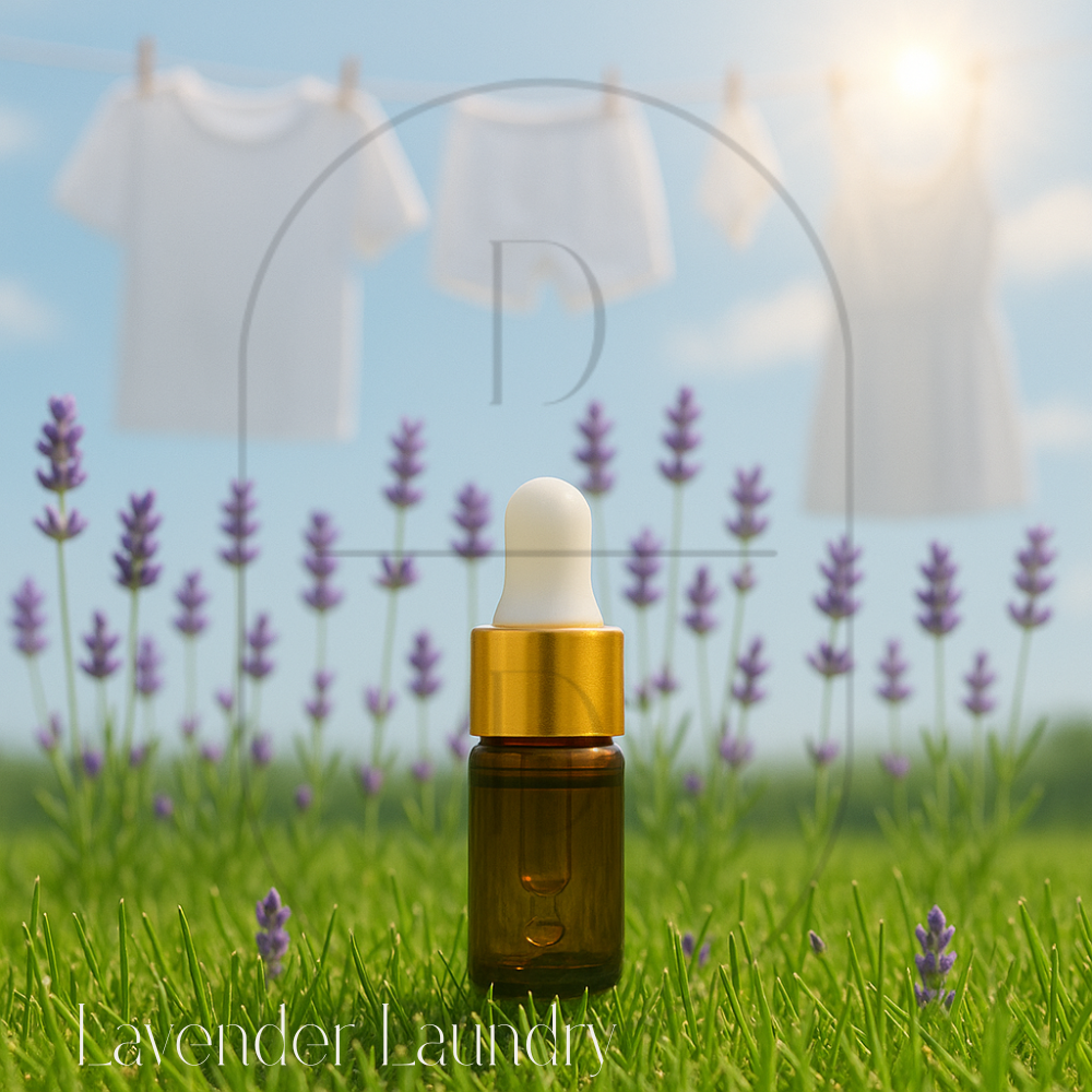 Lavender Laundry fragrance oil. 3 ml amber dropper bottle with gold cap surrounded by the notes of the fragrance oil.