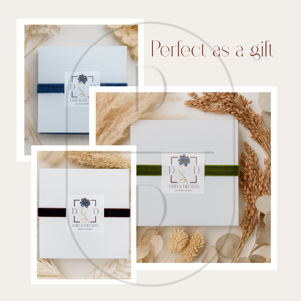 Gift packaging with velvet ribbons and text 'Perfect as a gift' on a light background.