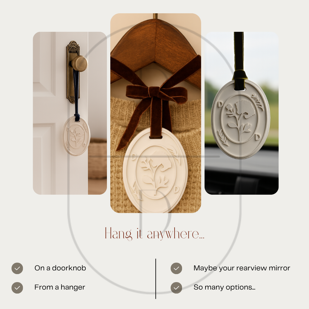 3 custom handmade jesmonite aroma stone pendants hanging from velvet ribbon on a door knob, hangar, and rearview mirror.