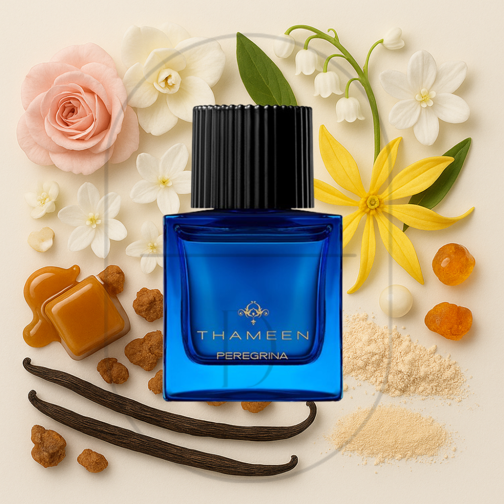 Peregrina by Thameen perfume bottle surrounded by top, middle, and bottom fragrance notes on a light background. Affordable samples delivered from Greenville, SC.