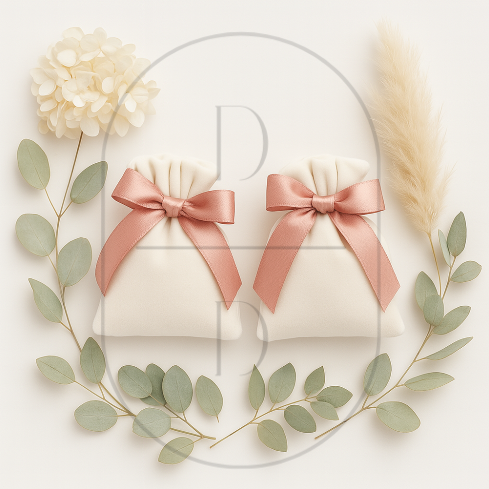 An image of 2 small velvet flannel gift bags with pink ribbons on a light background with dried florals and greenery.