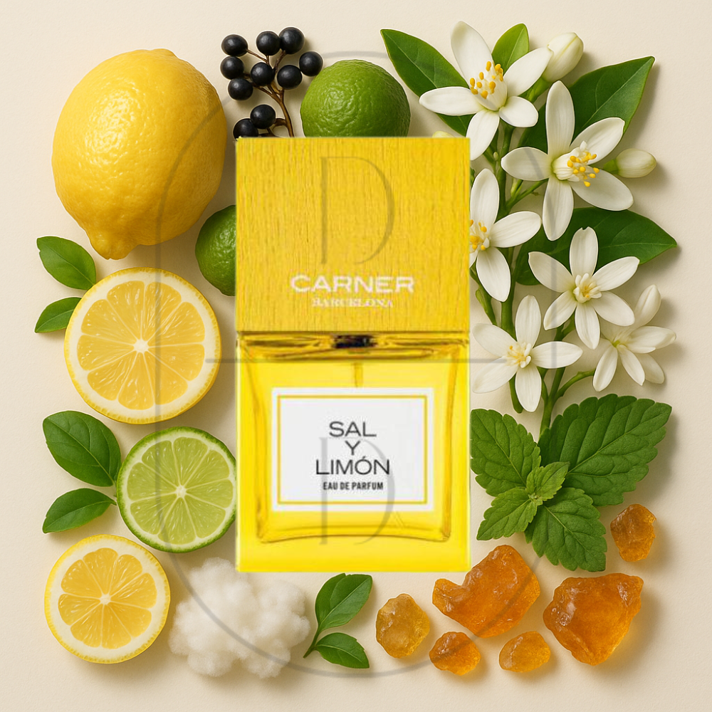 Carner Barcelona Sal y Limon perfume bottle surrounded by top, middle, and bottom fragrance notes on a light background. Affordable samples delivered from Greenville, SC.