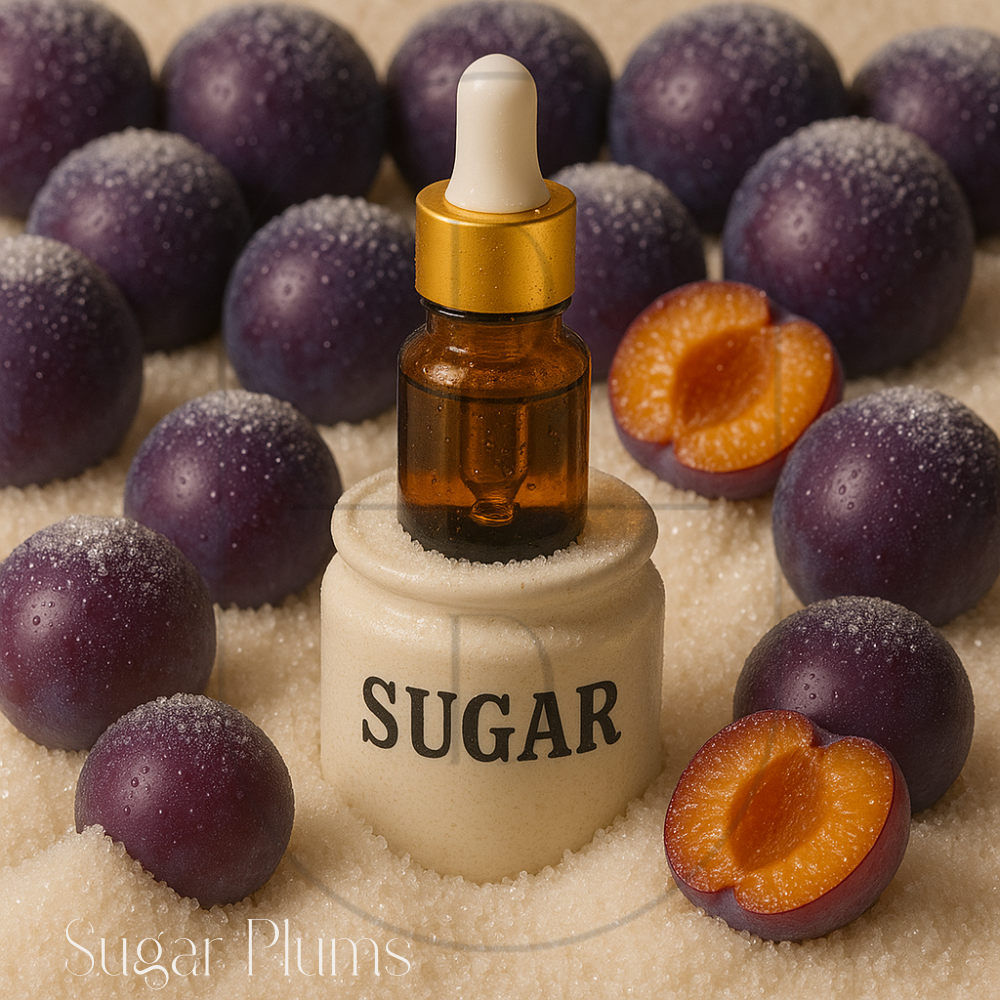 3 ml amber dropper bottle with gold cap showcasing Sugar Plums fragrance oil.