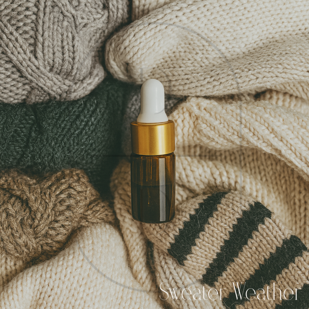 3 ml amber dropper bottle with gold cap showcasing Sweater Weather fragrance oil.
