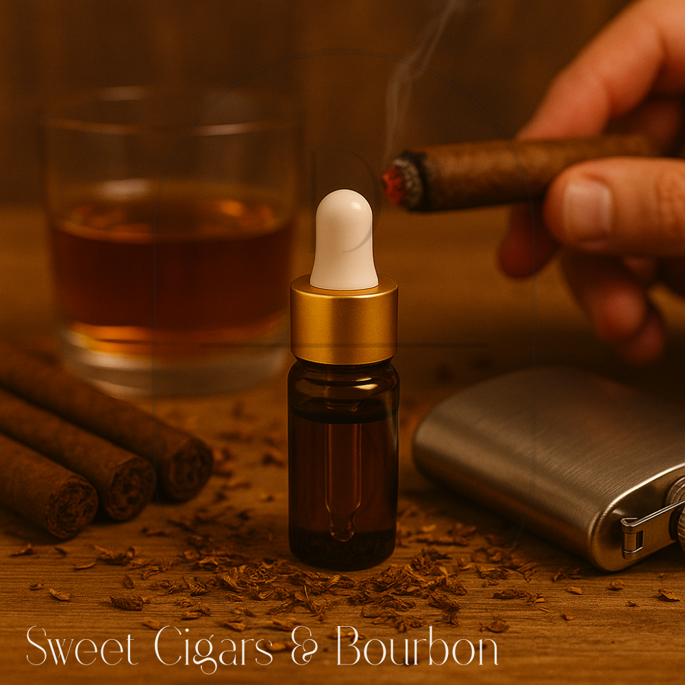 Sweet Cigars & Bourbon fragrance oil. 3 ml amber dropper bottle with gold cap surrounded by the notes of the fragrance oil.