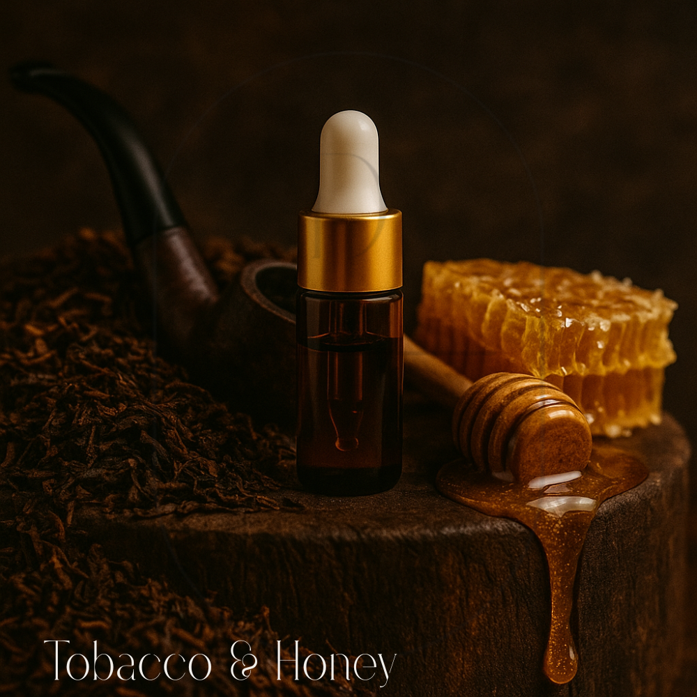 3 ml amber dropper bottle with gold cap showcasing Tobacco & Honey fragrance oil.
