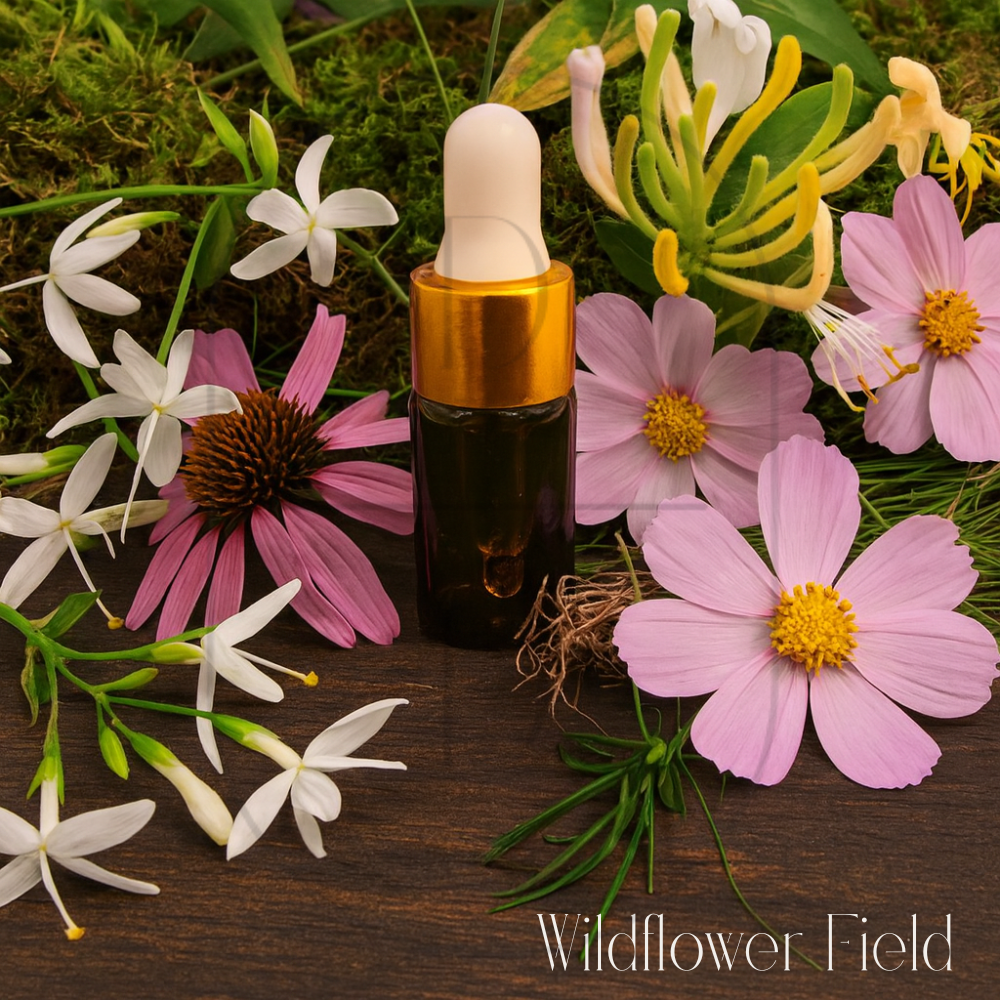 Wildflower Field fragrance oil. 3 ml amber dropper bottle with gold cap surrounded by the notes of the fragrance oil.