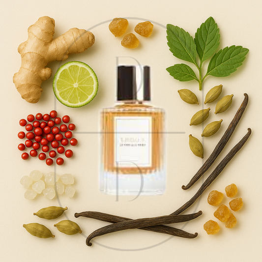 Ledda 18 Vanilla Nera perfume bottle surrounded by top, middle, and bottom fragrance notes on a light background. Affordable samples delivered from Greenville, SC. 