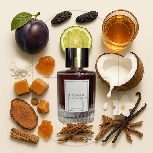 20 Bourbon Brûlée by Ledda perfume bottle surrounded by top, middle, and bottom fragrance notes on a light background. Affordable samples delivered from Greenville, SC. 