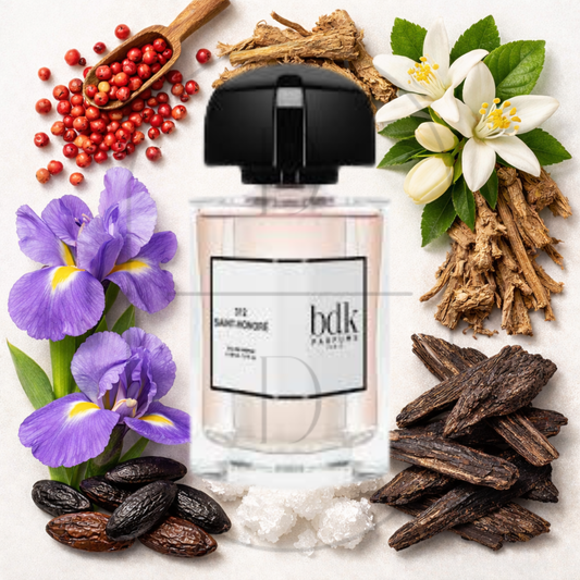 312 Saint-Honoré by BDK Parfums perfume bottle surrounded by top, middle, and bottom fragrance notes on a light background. Affordable samples delivered from Greenville, SC. 
