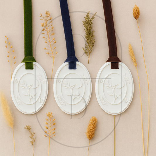 3 custom jesmonite aroma stone pendants hanging from velvet ribbons of green, blue, and brown on a light background. Made to order, handmade, and hand poured. Shipped from Greenville, SC.