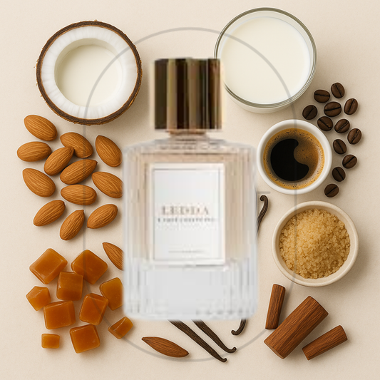 8 Café Josephine by Ledda perfume bottle surrounded by top, middle, and bottom fragrance notes on a light background. Affordable samples delivered from Greenville, SC. 