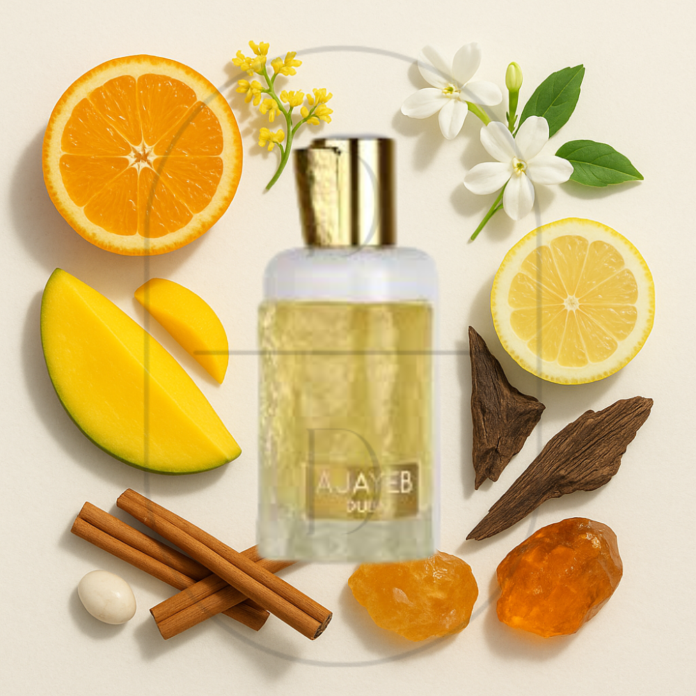 Lataffa Ajayeb Dubai Portrait perfume bottle surrounded by top, middle, and bottom fragrance notes on a light background. Affordable samples delivered from Greenville, SC. 