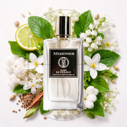 Mizensir Alma de Rosario perfume bottle surrounded by top, middle, and bottom fragrance notes on a light background. Affordable samples delivered from Greenville, SC. 