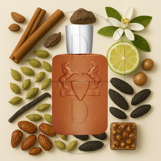 Parfums de Marly Althaïr perfume bottle surrounded by top, middle, and bottom fragrance notes on a light background. Affordable samples delivered from Greenville, SC. 