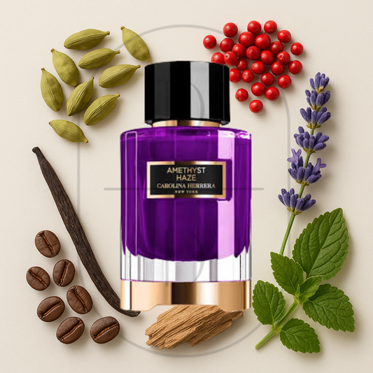 Carolina Herrera Amethyst Haze perfume bottle surrounded by top, middle, and bottom fragrance notes on a light background. Affordable samples delivered from Greenville, SC. 