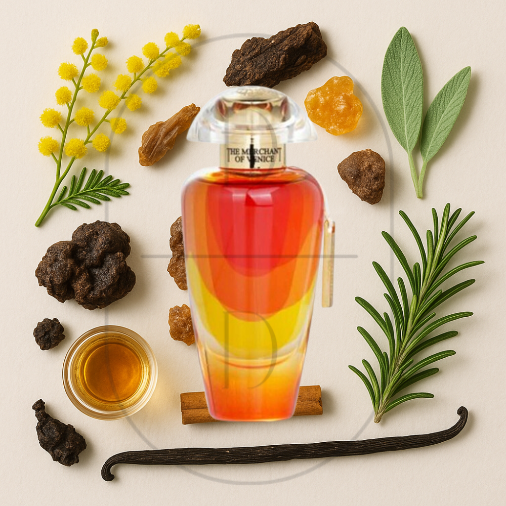 The Merchant of Venice Andalusian Soul perfume bottle surrounded by top, middle, and bottom fragrance notes on a light background. Affordable samples delivered from Greenville, SC. 
