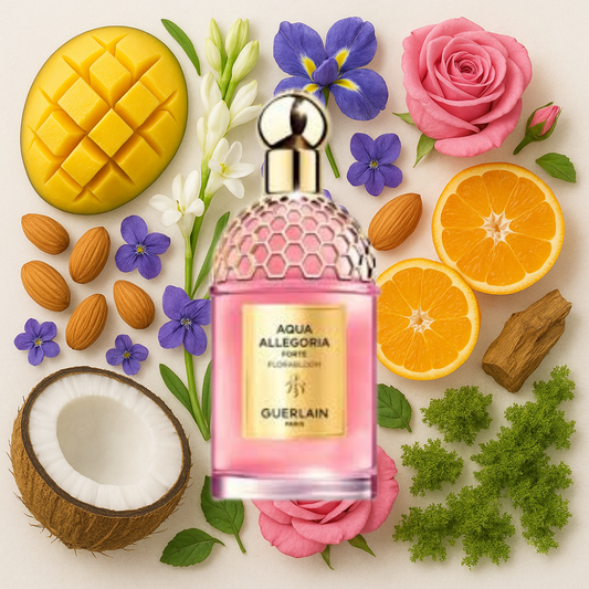 Guerlain  Awua Allegoria Forte Florabloom perfume bottle surrounded by fruits, florals, coconut, and almonds on a light background. Perfume decants available online. We ship from Greenville, SC.