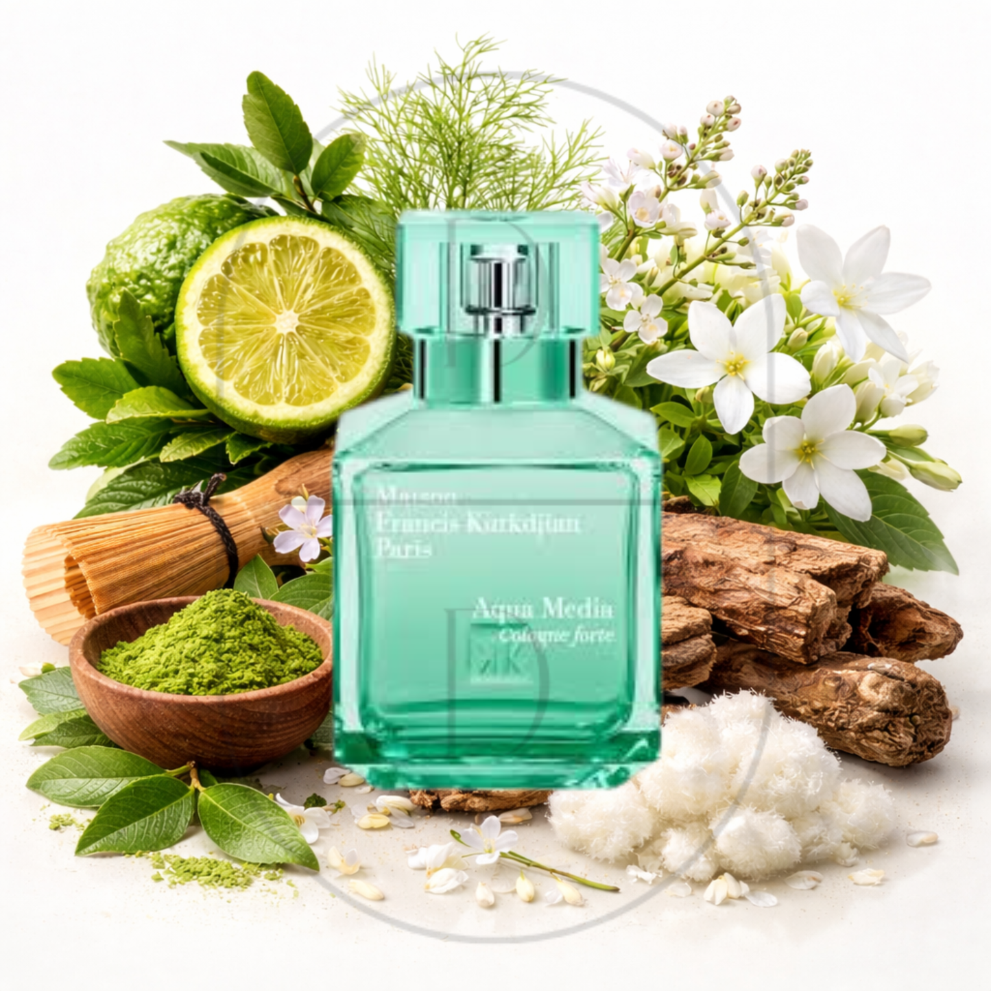 Maison Francis Kurkdjian Aqua Media Cologne Forte perfume bottle surrounded by top, middle, and bottom fragrance notes on a light background. Affordable samples delivered from Greenville, SC. 