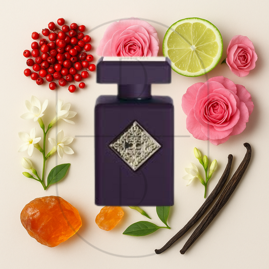 Initio Atomic Rose perfume bottle surrounded by top, middle, and bottom fragrance notes on a light background. Affordable samples delivered from Greenville, SC. 