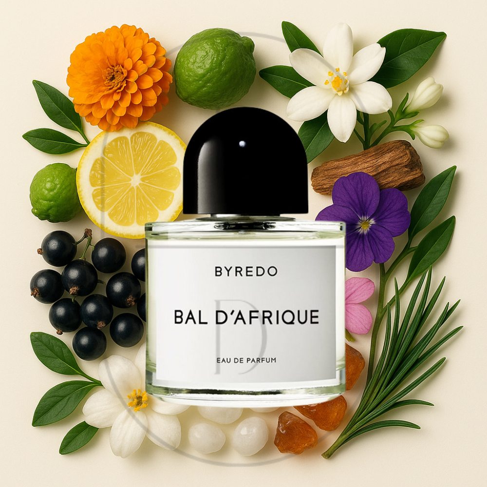 Byredo Bal d'Afrique perfume bottle surrounded by top, middle, and bottom fragrance notes on a light background. Affordable samples delivered from Greenville, SC. 