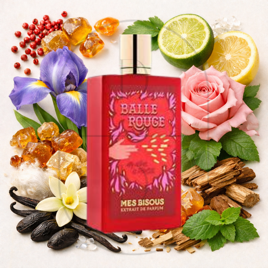 Balle Rouge by Mes Bisous perfume bottle surrounded by top, middle, and bottom fragrance notes on a light background. Affordable samples delivered from Greenville, SC. 