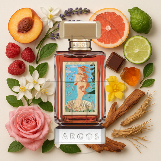Argos Birth of Venus perfume bottle surrounded by top, middle, and bottom fragrance notes on a light background. Affordable samples delivered from Greenville, SC. 