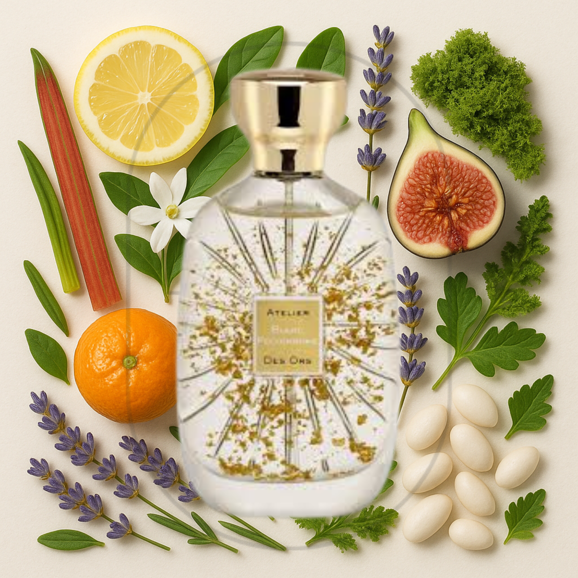 Blanc Polychrome by Atelier des Ors perfume bottle surrounded by top, middle, and bottom fragrance notes on a light background. Affordable samples delivered from Greenville, SC. 