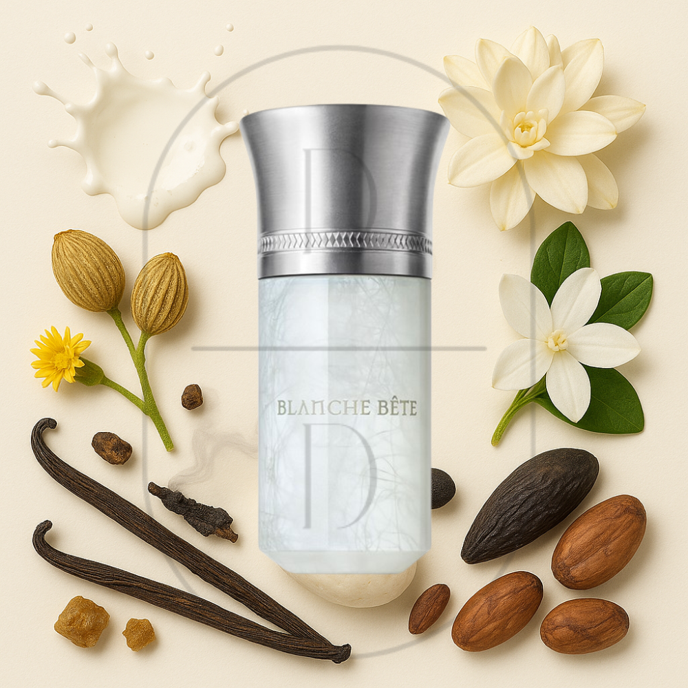 Blanche Bête by Les Liquides Imaginaires perfume bottle surrounded by top, middle, and bottom fragrance notes on a light background. Affordable samples delivered from Greenville, SC. 