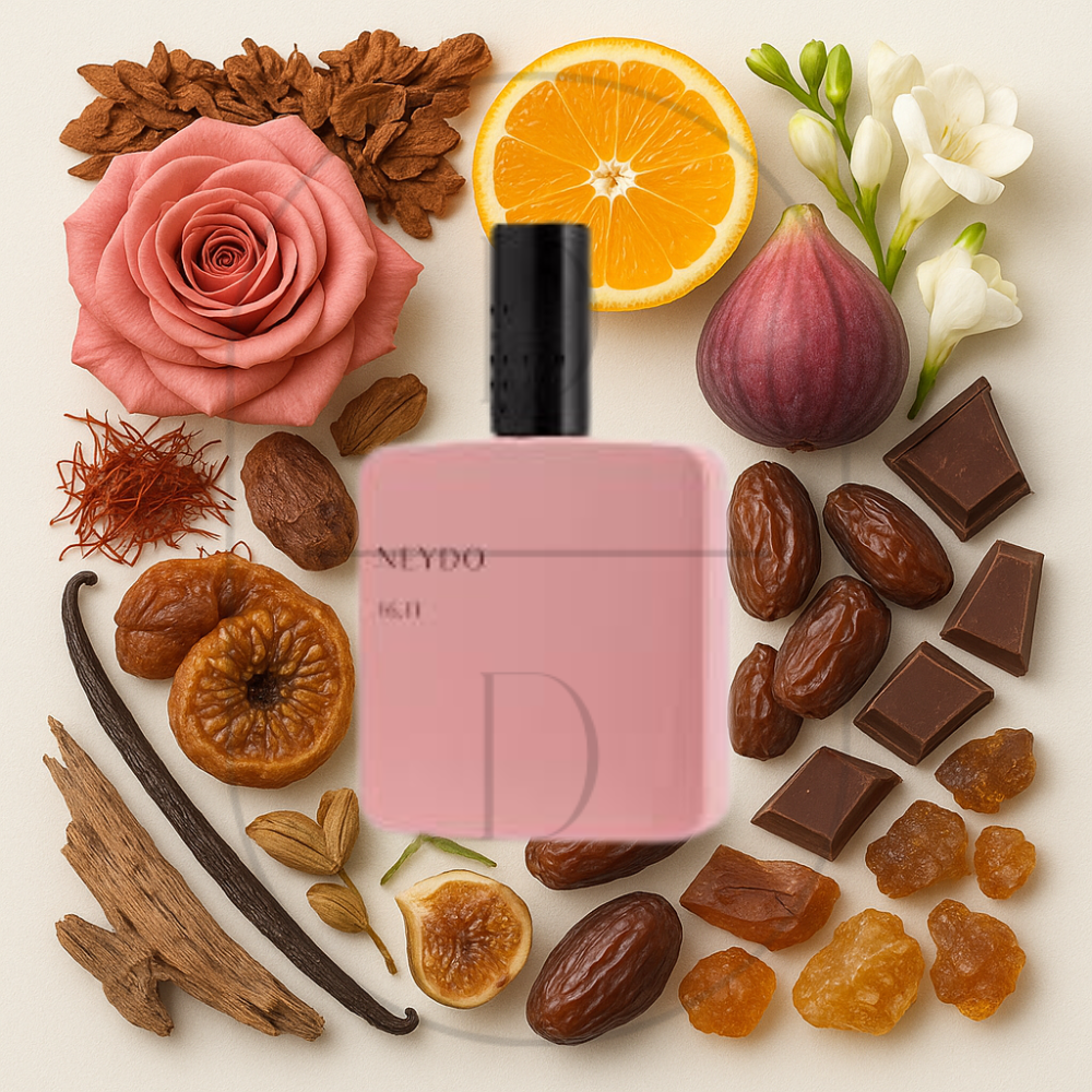 Neydo Blond Redhead 16.11 perfume bottle surrounded by top, middle, and bottom fragrance notes on a light background. Affordable samples delivered from Greenville, SC. 