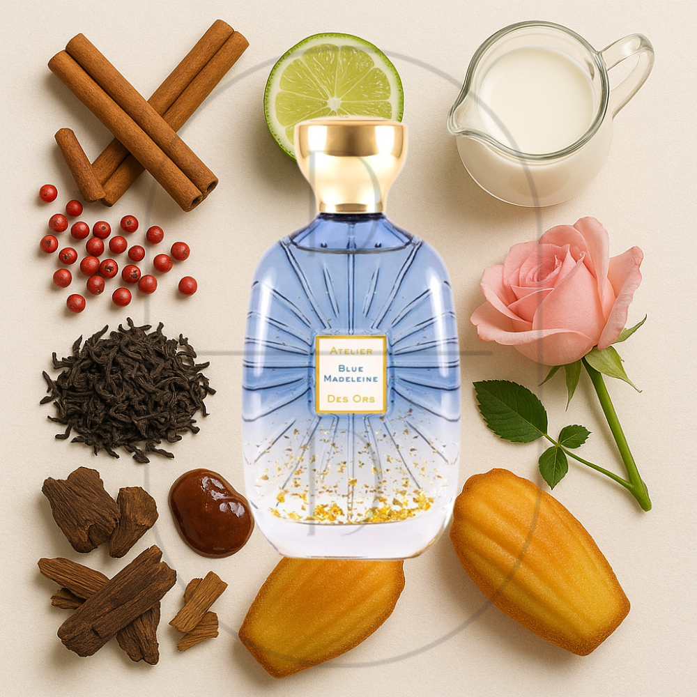 Atelier des Ors Blue Madeleine perfume bottle surrounded by top, middle, and bottom fragrance notes on a light background. Affordable samples delivered from Greenville, SC. 