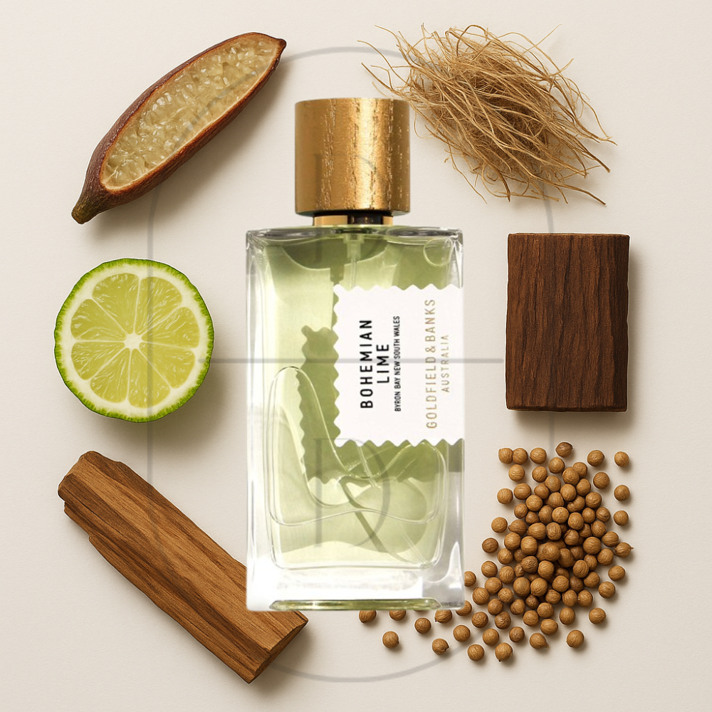 Goldfield & Banks Bohemian Lime perfume bottle surrounded by top, middle, and bottom fragrance notes on a light background. Affordable samples delivered from Greenville, SC. 