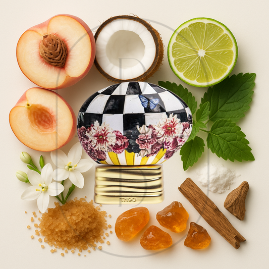 The House of Oud Bonbon Pop perfume bottle surrounded by top, middle, and bottom fragrance notes on a light background. Affordable samples delivered from Greenville, SC. 