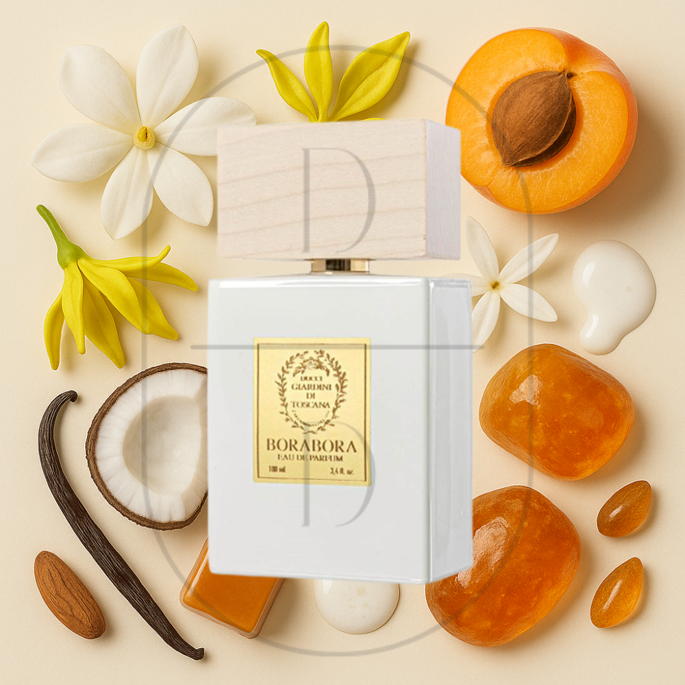 Borabora by Giardini di Tosana perfume bottle surrounded by top, middle, and bottom fragrance notes on a light background. Affordable samples delivered from Greenville, SC. 