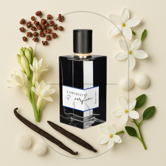 l"Orchestre Parfum Bouquet Encore perfume bottle surrounded by top, middle, and bottom fragrance notes on a light background. Affordable samples delivered from Greenville, SC. 
