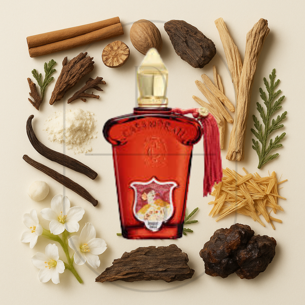 Bouquet Ideale by Xerjoff Casamorati perfume bottle surrounded by top, middle, and bottom fragrance notes on a light background. Affordable samples delivered from Greenville, SC. 