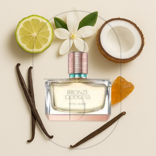 Estée Lauder’s Bronze Goddess Eau Fraîche perfume bottle surrounded by top, middle, and bottom fragrance notes on a light background. Affordable samples delivered from Greenville, SC. 