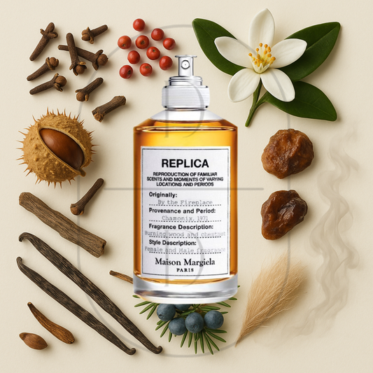 Maison Margiela Replica By the Fireplace perfume bottle surrounded by top, middle, and bottom fragrance notes on a light background. Affordable samples delivered from Greenville, SC. 