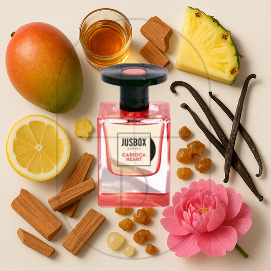 Jusbox Carioca Heart perfume bottle surrounded by top, middle, and bottom fragrance notes on a light background. Affordable samples delivered from Greenville, SC. 