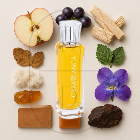 Swiss Arabian Casablanca perfume bottle surrounded by top, middle, and bottom fragrance notes on a light background. Affordable samples delivered from Greenville, SC. 